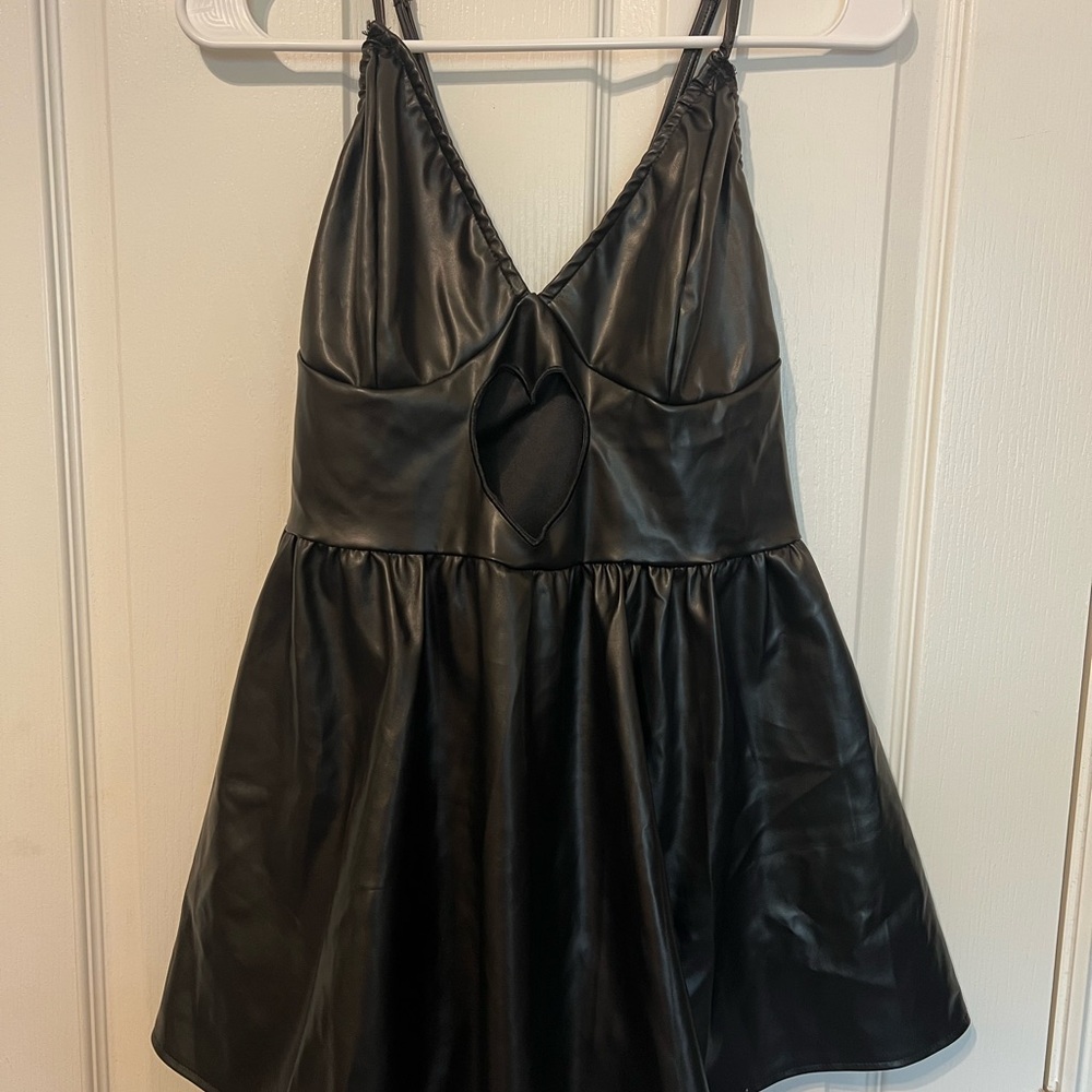 Black Faux Leather Dress with Heart Cutout
